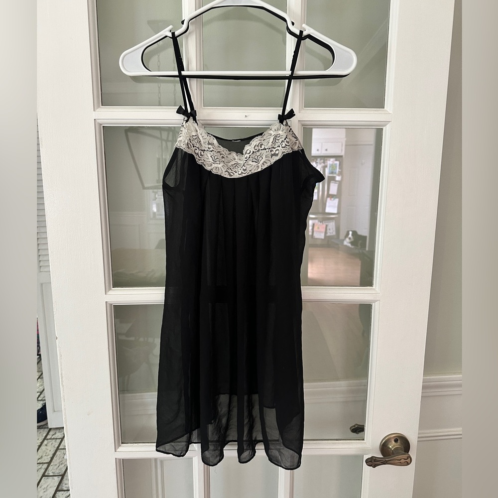 Y2K Sheer‎ Lingerie Babydoll Dress Sheer Lace with Bows adjustable straps Sz M